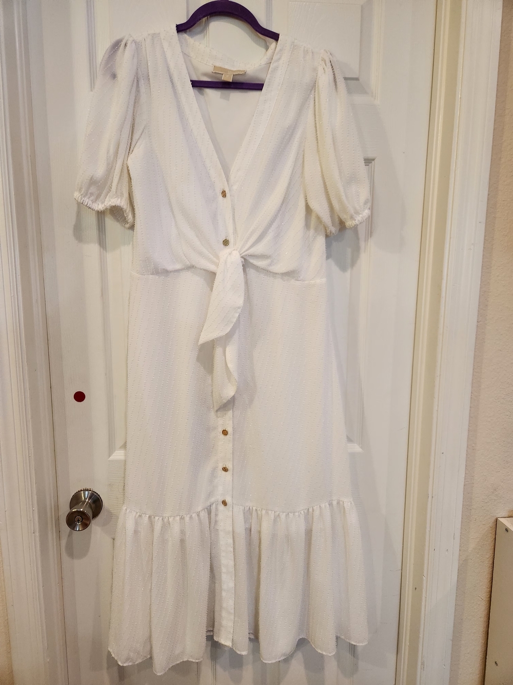 MICHAEL Michael Kors Cream Tie-Front Midi Dress with Puff Sleeves